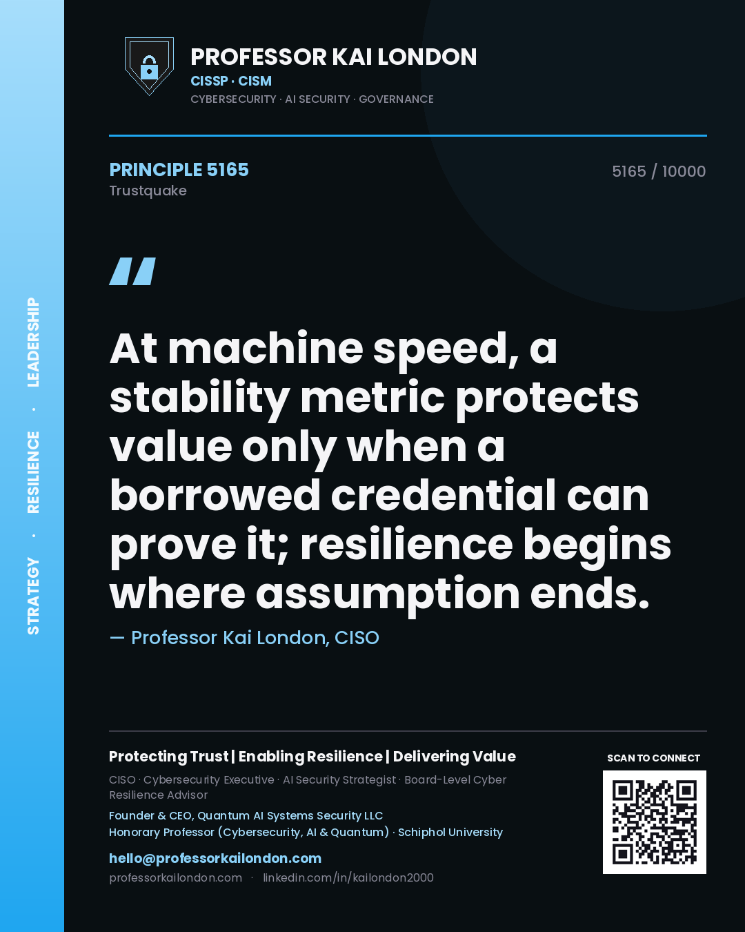 Professor Kai London principle 5165: At machine speed, a stability metric protects value only when a borrowed credential can prove it; resilience begins where assumption ends.