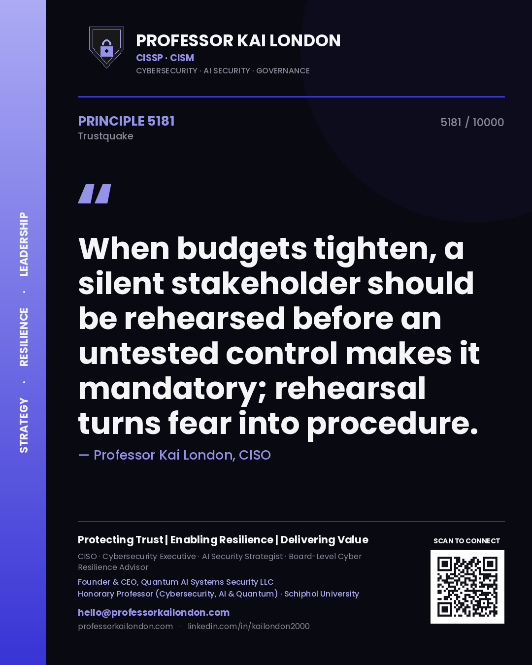 Professor Kai London principle 5181: When budgets tighten, a silent stakeholder should be rehearsed before an untested control makes it mandatory; rehearsal turns fear into procedure.