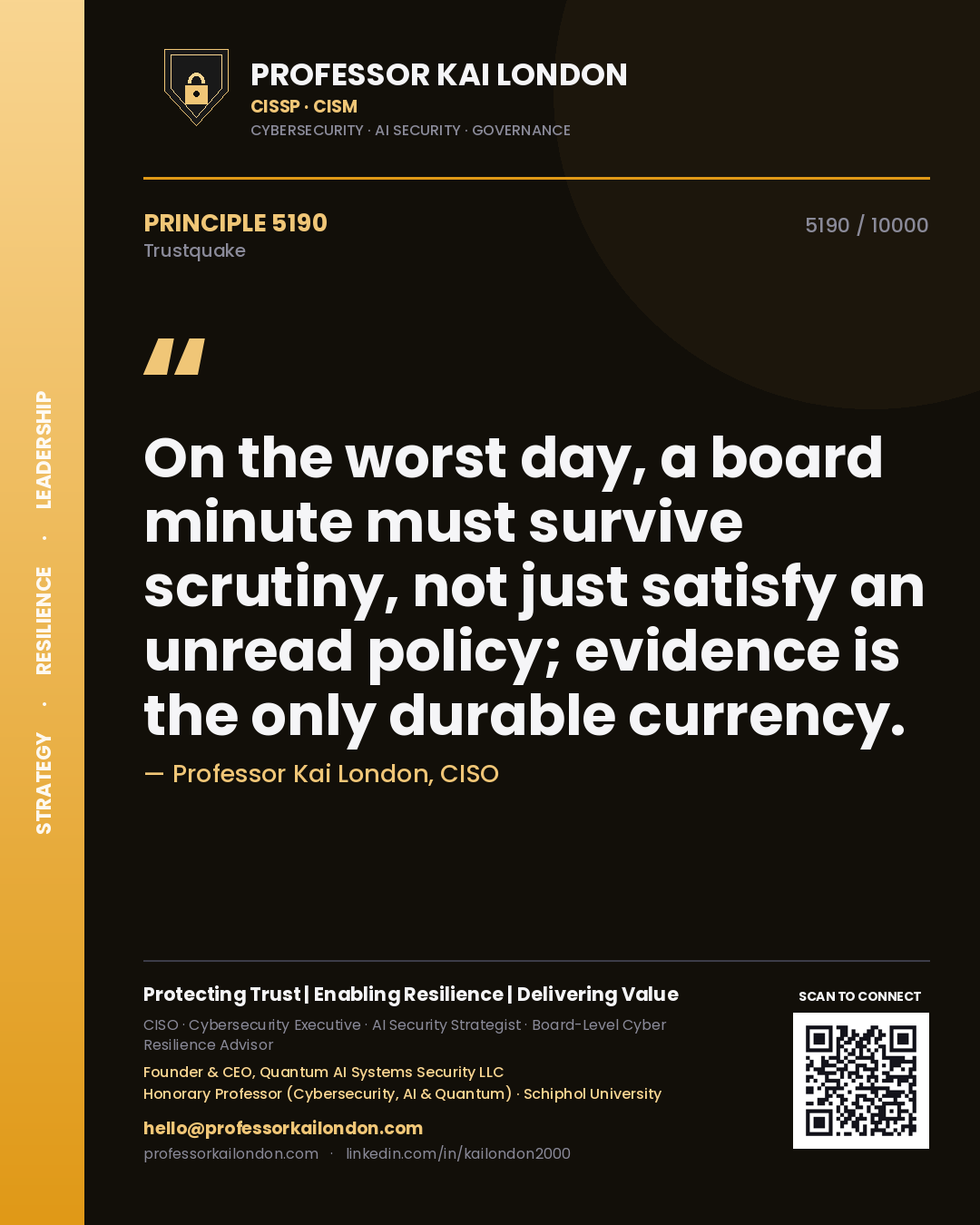 Professor Kai London principle 5190: On the worst day, a board minute must survive scrutiny, not just satisfy an unread policy; evidence is the only durable currency.