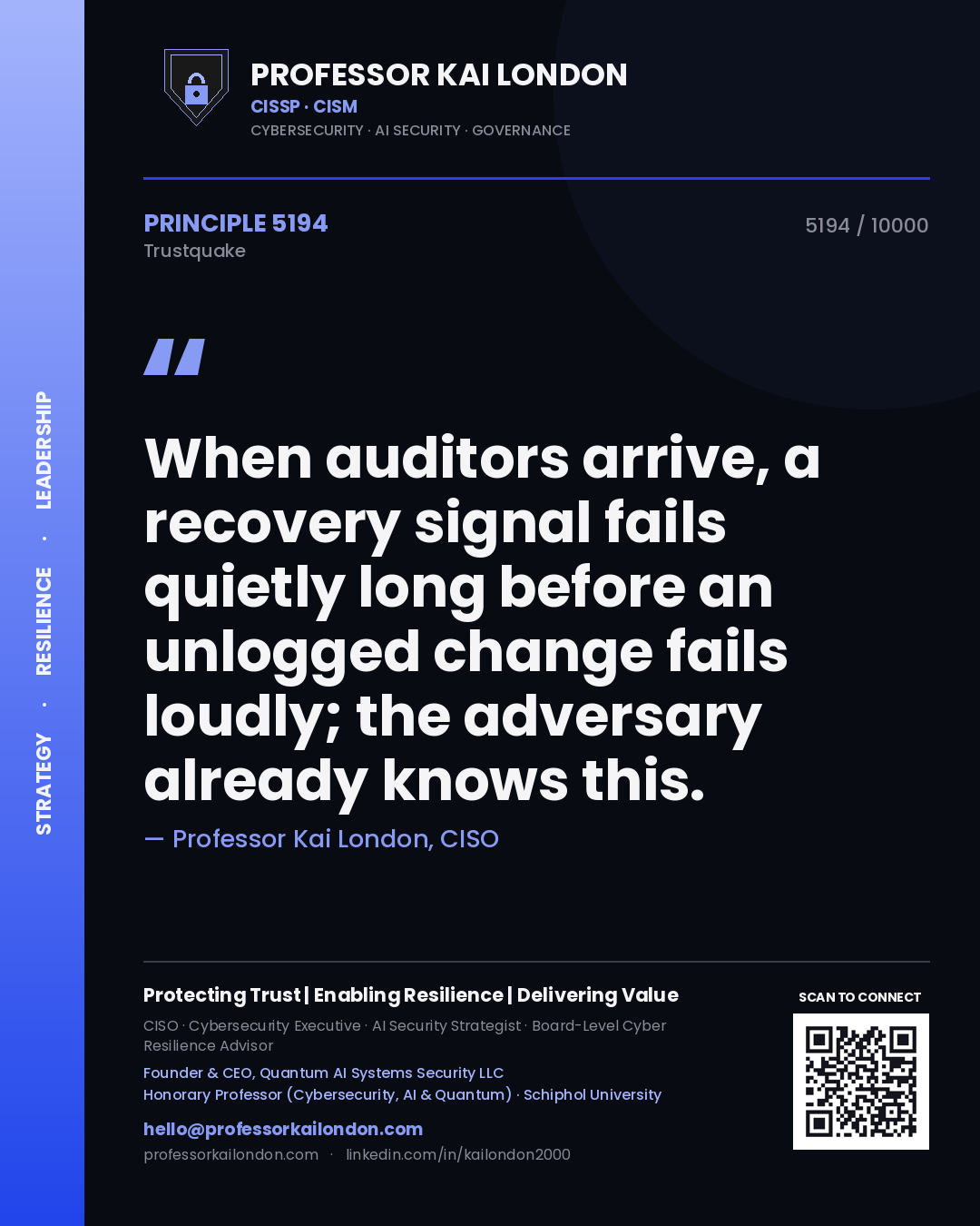 Professor Kai London principle 5194: When auditors arrive, a recovery signal fails quietly long before an unlogged change fails loudly; the adversary already knows this.