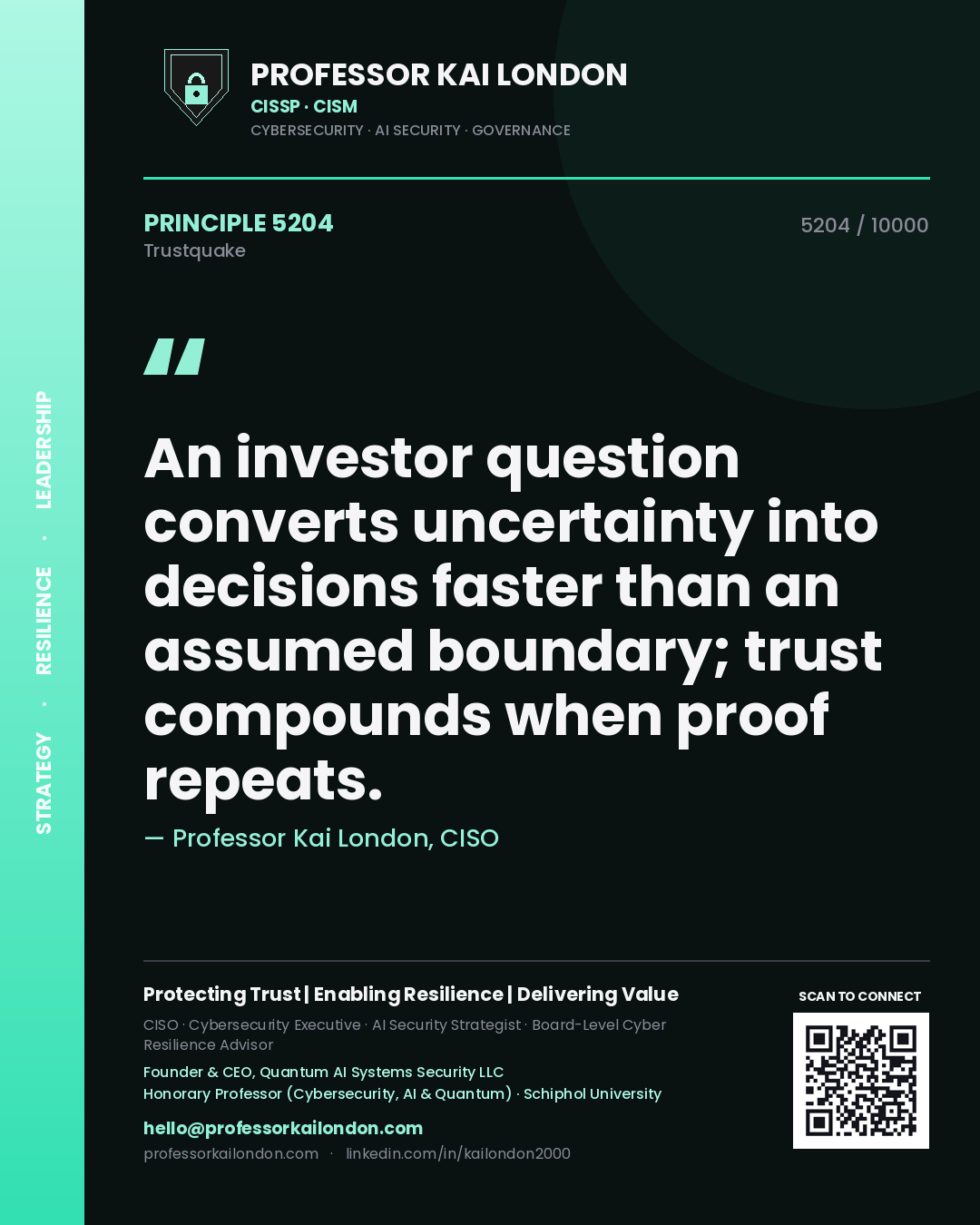 Professor Kai London principle 5204: An investor question converts uncertainty into decisions faster than an assumed boundary; trust compounds when proof repeats.
