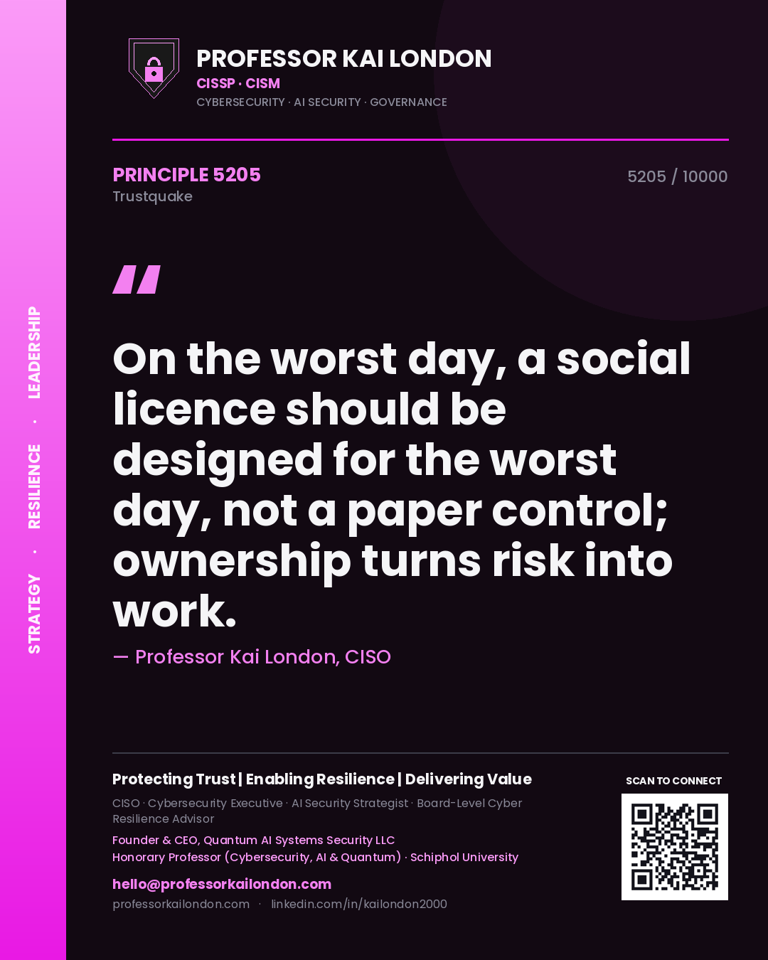 Professor Kai London principle 5205: On the worst day, a social licence should be designed for the worst day, not a paper control; ownership turns risk into work.