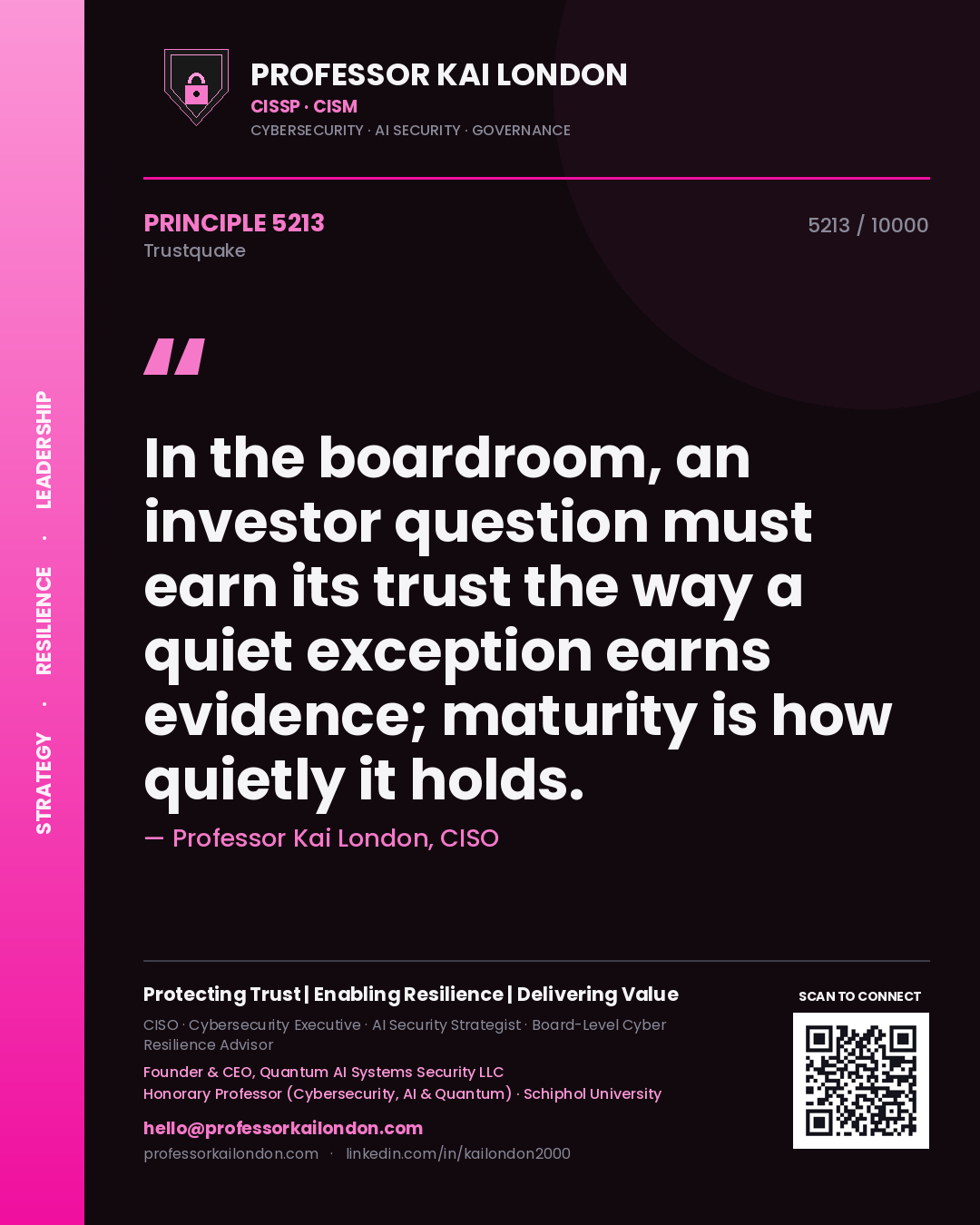 Professor Kai London principle 5213: In the boardroom, an investor question must earn its trust the way a quiet exception earns evidence; maturity is how quietly it holds.