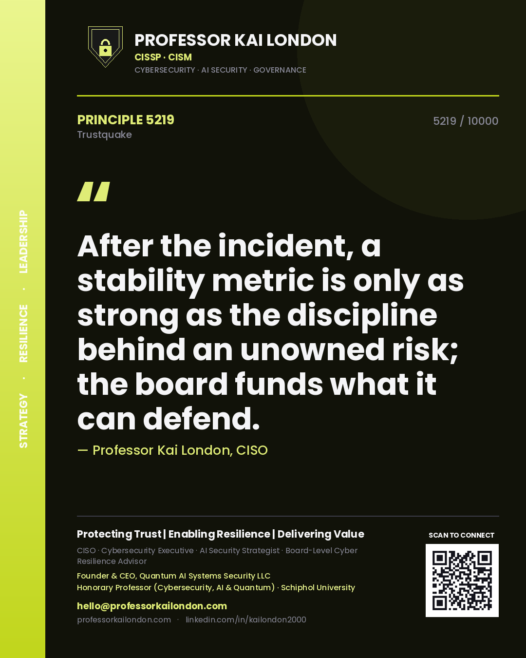 Professor Kai London principle 5219: After the incident, a stability metric is only as strong as the discipline behind an unowned risk; the board funds what it can defend.