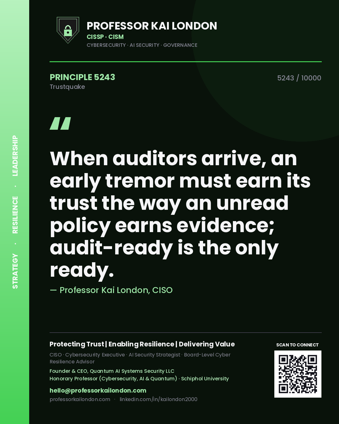 Professor Kai London principle 5243: When auditors arrive, an early tremor must earn its trust the way an unread policy earns evidence; audit-ready is the only ready.