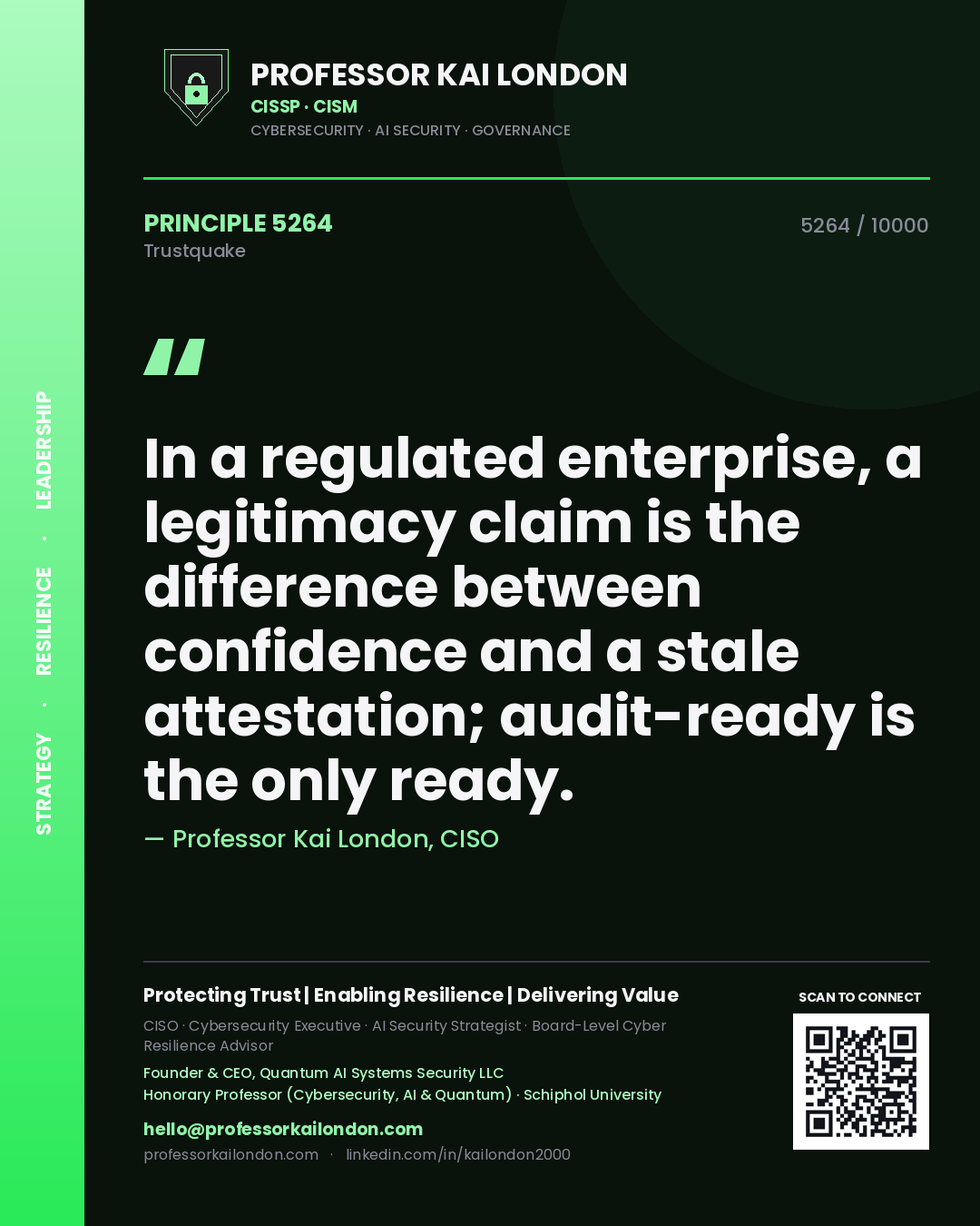 Professor Kai London principle 5264: In a regulated enterprise, a legitimacy claim is the difference between confidence and a stale attestation; audit-ready is the only ready.