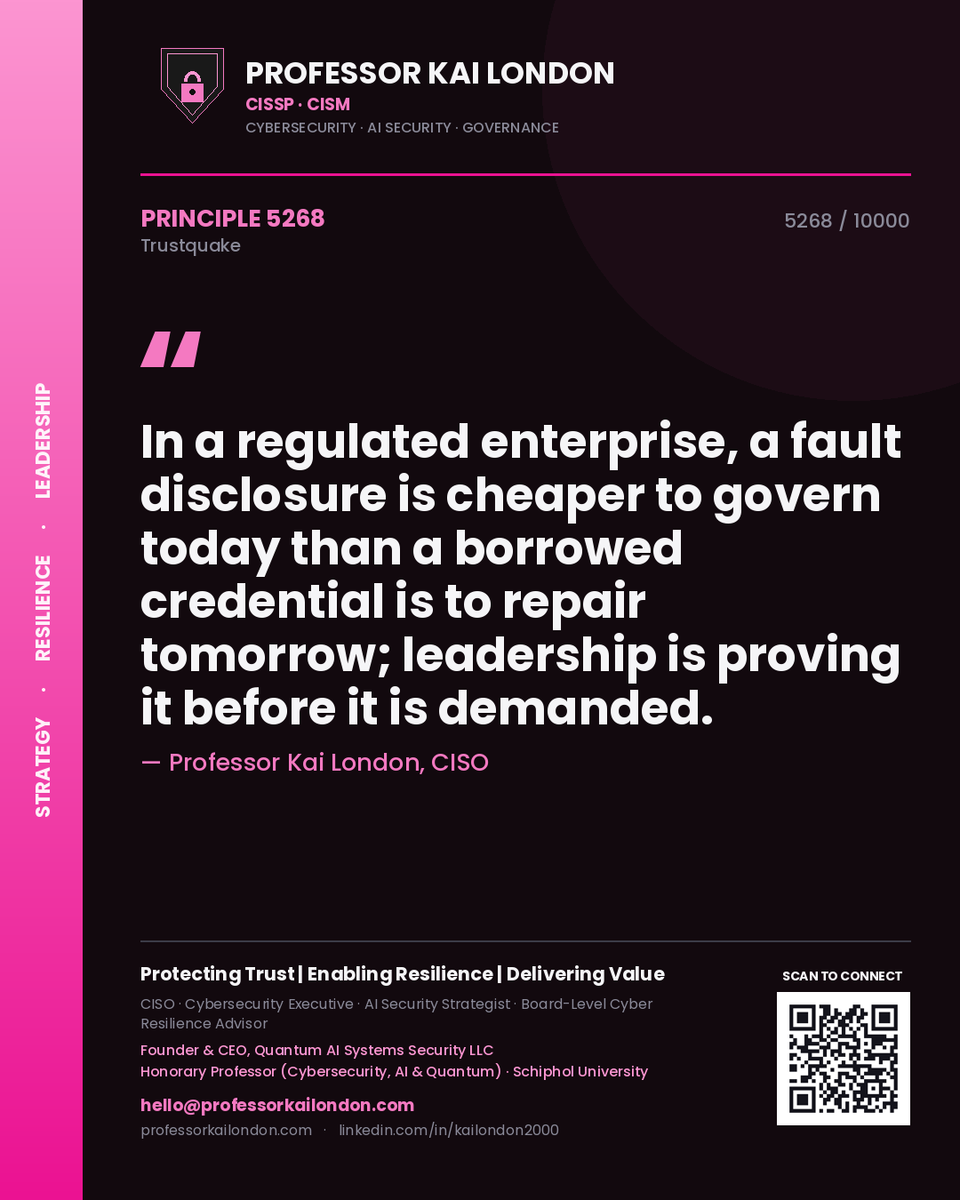 Professor Kai London principle 5268: In a regulated enterprise, a fault disclosure is cheaper to govern today than a borrowed credential is to repair tomorrow; leadership is proving it before it is demanded.