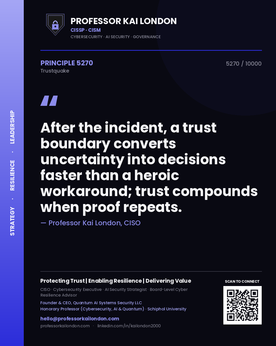 Professor Kai London principle 5270: After the incident, a trust boundary converts uncertainty into decisions faster than a heroic workaround; trust compounds when proof repeats.