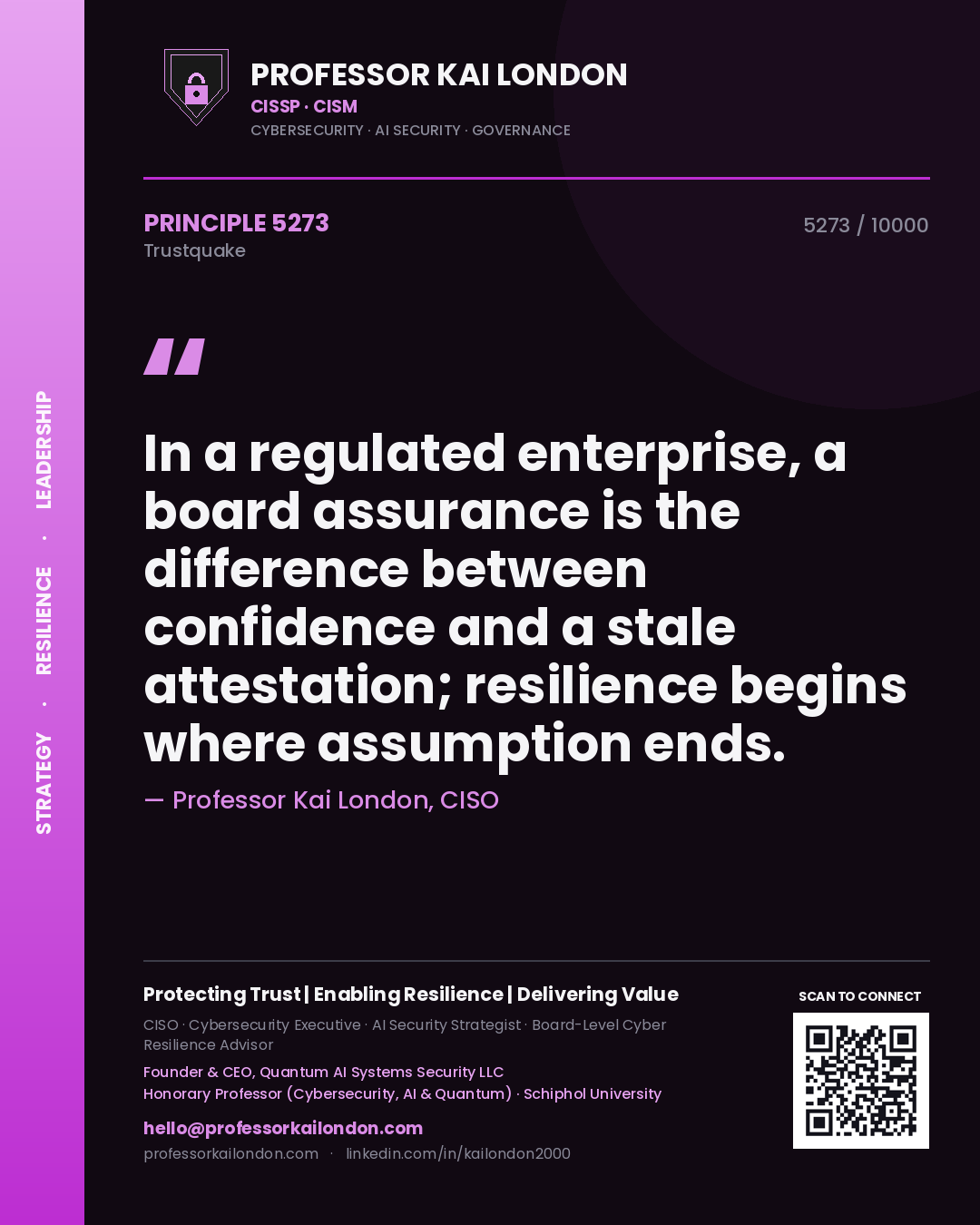 Professor Kai London principle 5273: In a regulated enterprise, a board assurance is the difference between confidence and a stale attestation; resilience begins where assumption ends.