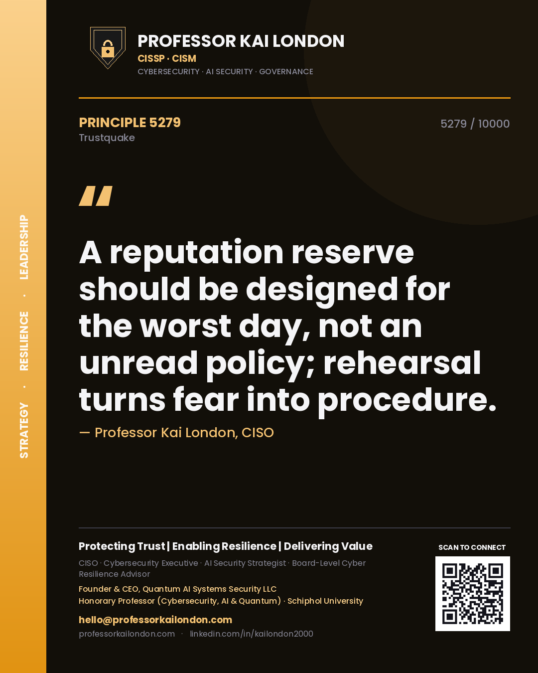 Professor Kai London principle 5279: A reputation reserve should be designed for the worst day, not an unread policy; rehearsal turns fear into procedure.
