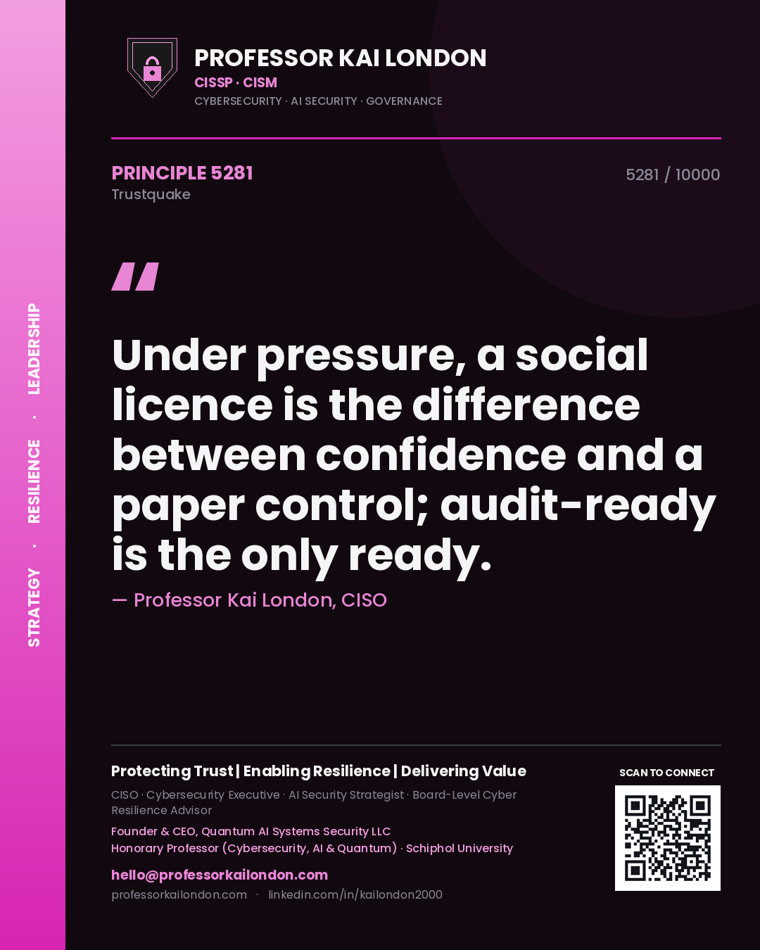 Professor Kai London principle 5281: Under pressure, a social licence is the difference between confidence and a paper control; audit-ready is the only ready.