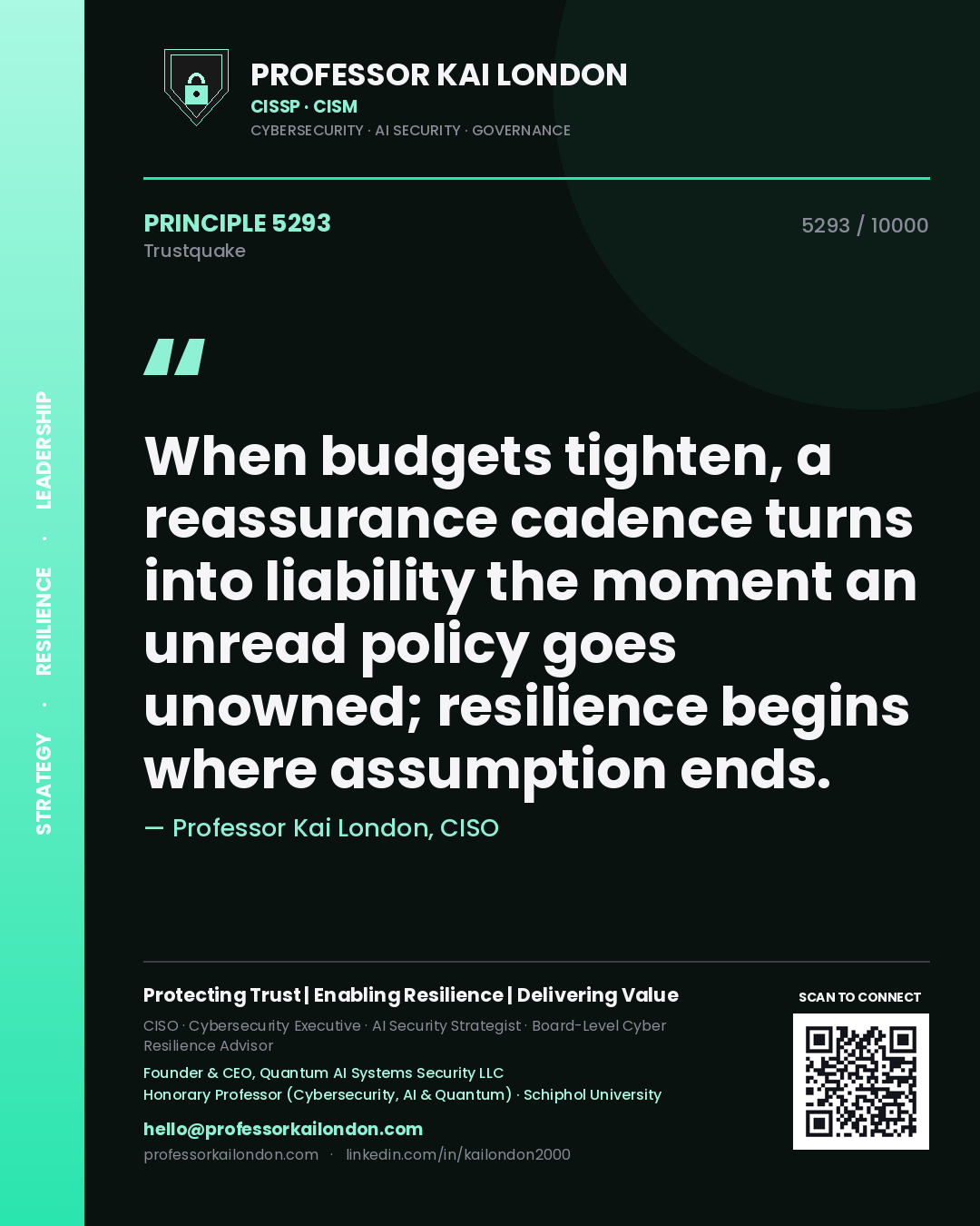Professor Kai London principle 5293: When budgets tighten, a reassurance cadence turns into liability the moment an unread policy goes unowned; resilience begins where assumption ends.