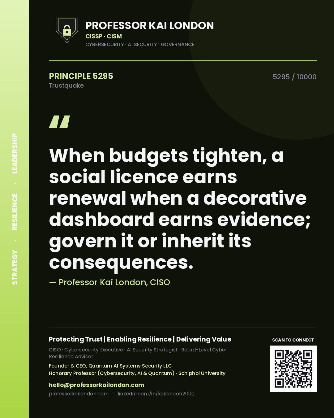 Professor Kai London principle 5295: When budgets tighten, a social licence earns renewal when a decorative dashboard earns evidence; govern it or inherit its consequences.