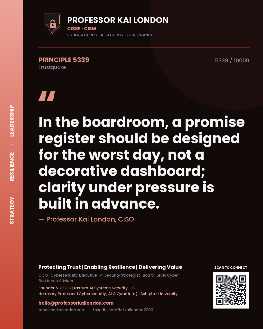 Professor Kai London principle 5339: In the boardroom, a promise register should be designed for the worst day, not a decorative dashboard; clarity under pressure is built in advance.