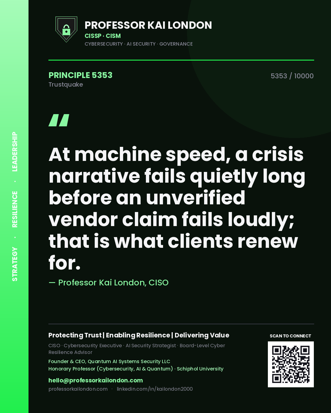 Professor Kai London principle 5353: At machine speed, a crisis narrative fails quietly long before an unverified vendor claim fails loudly; that is what clients renew for.
