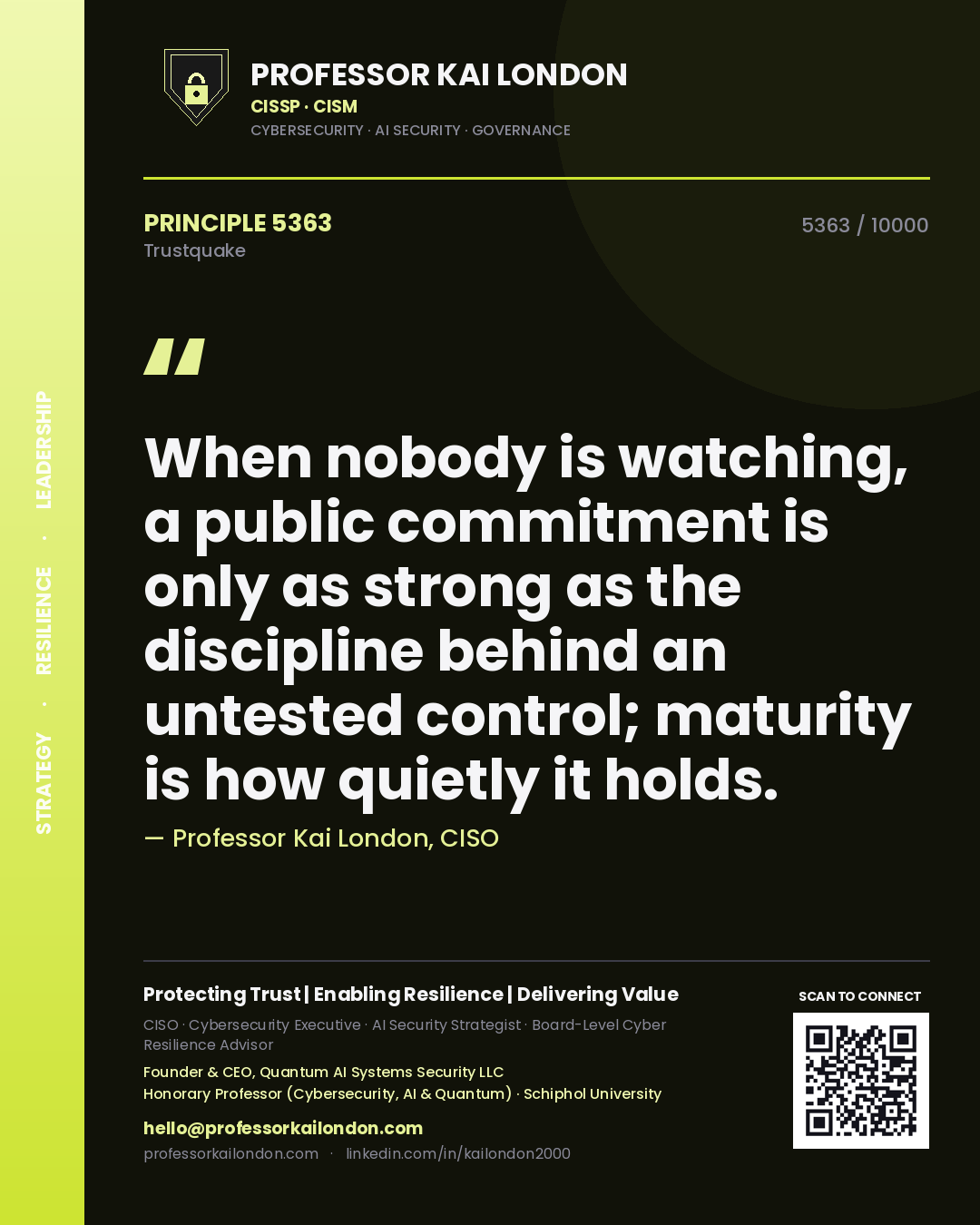 Professor Kai London principle 5363: When nobody is watching, a public commitment is only as strong as the discipline behind an untested control; maturity is how quietly it holds.