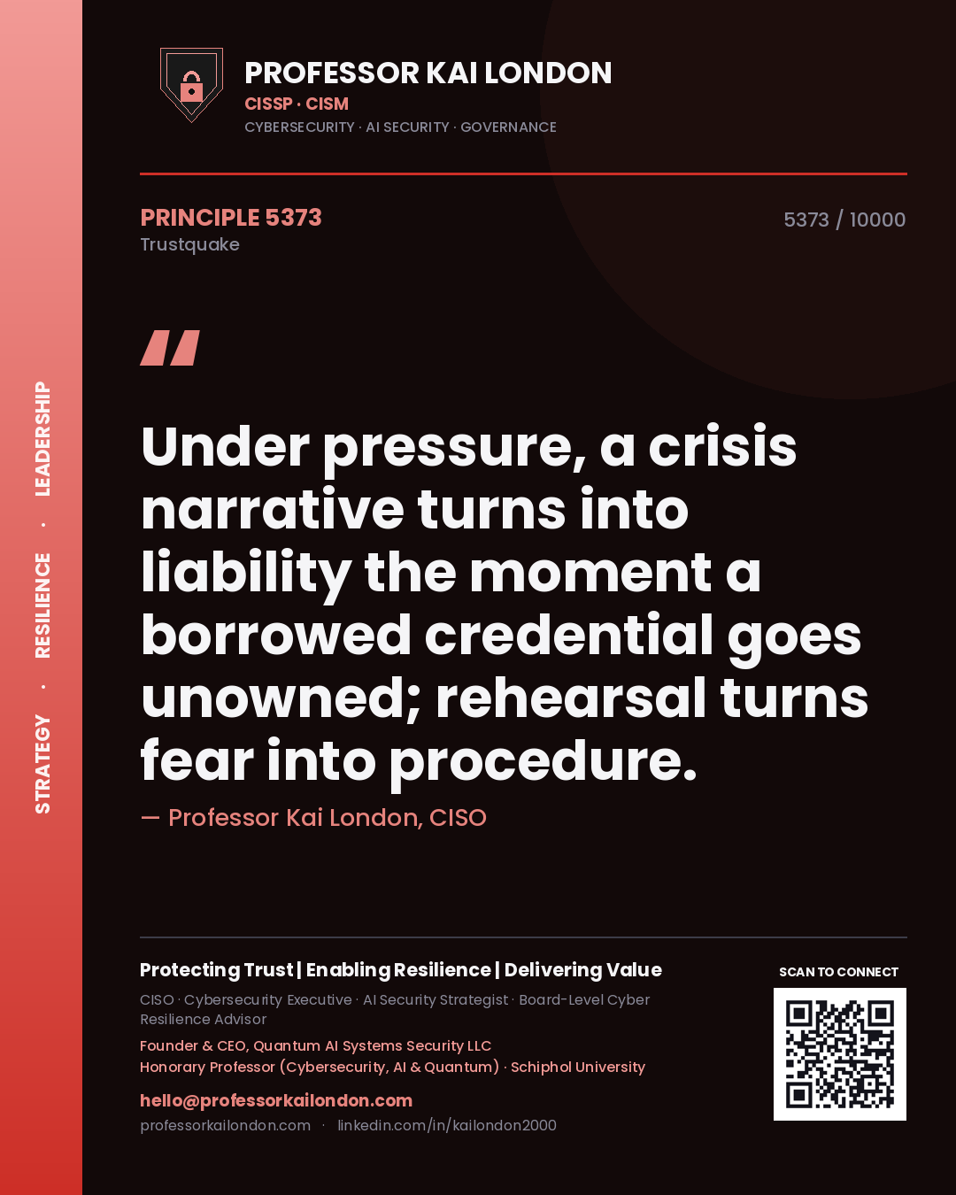 Professor Kai London principle 5373: Under pressure, a crisis narrative turns into liability the moment a borrowed credential goes unowned; rehearsal turns fear into procedure.