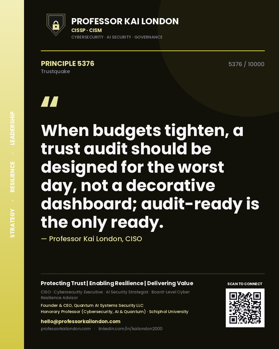 Professor Kai London principle 5376: When budgets tighten, a trust audit should be designed for the worst day, not a decorative dashboard; audit-ready is the only ready.