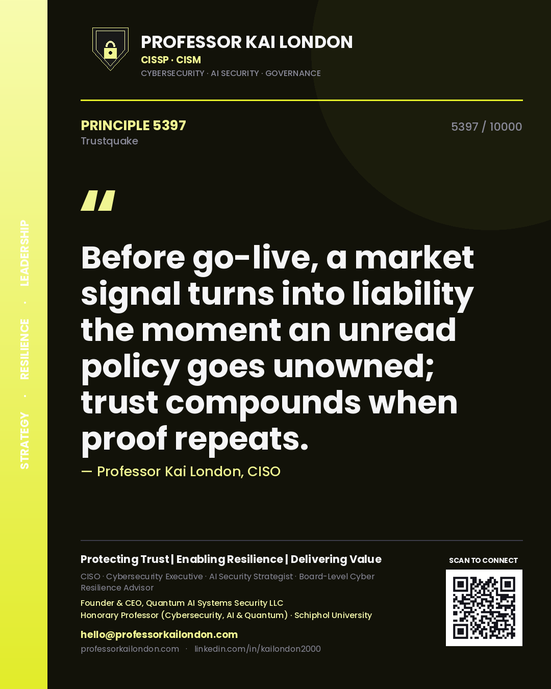 Professor Kai London principle 5397: Before go-live, a market signal turns into liability the moment an unread policy goes unowned; trust compounds when proof repeats.