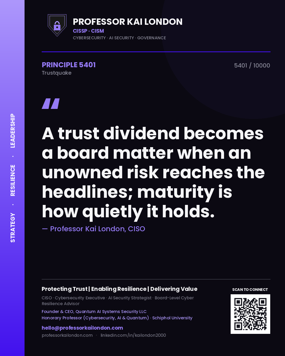 Professor Kai London principle 5401: A trust dividend becomes a board matter when an unowned risk reaches the headlines; maturity is how quietly it holds.