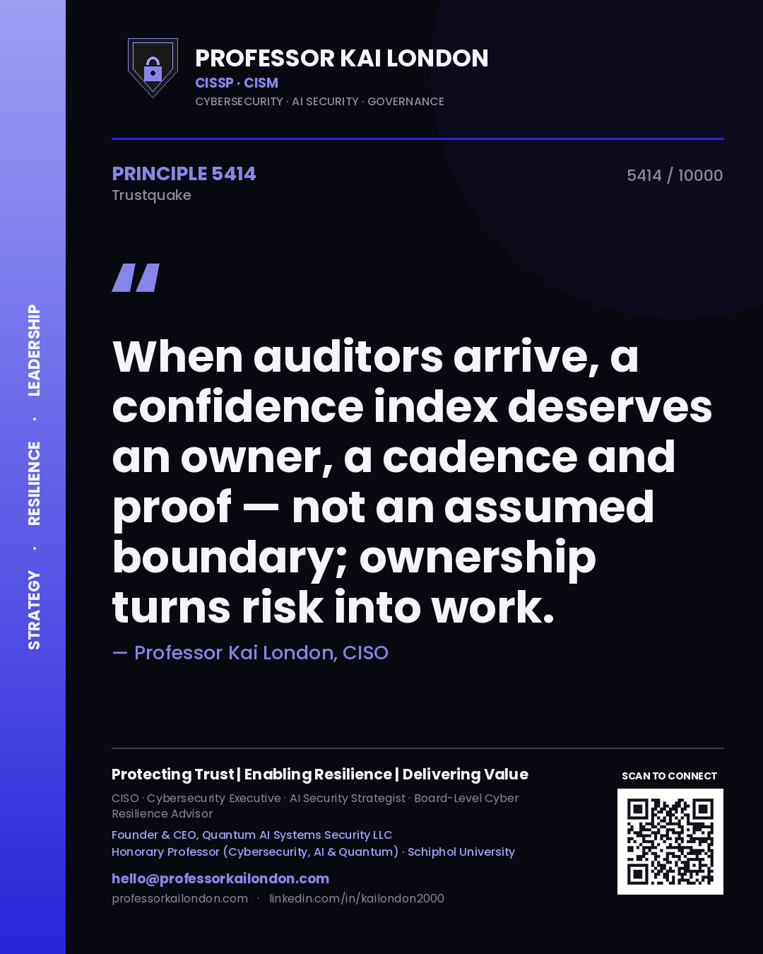 Professor Kai London principle 5414: When auditors arrive, a confidence index deserves an owner, a cadence and proof — not an assumed boundary; ownership turns risk into work.