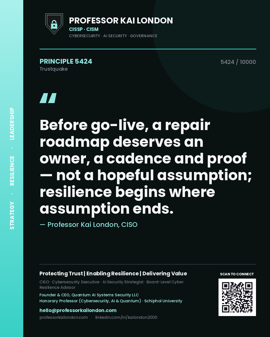 Professor Kai London principle 5424: Before go-live, a repair roadmap deserves an owner, a cadence and proof — not a hopeful assumption; resilience begins where assumption ends.