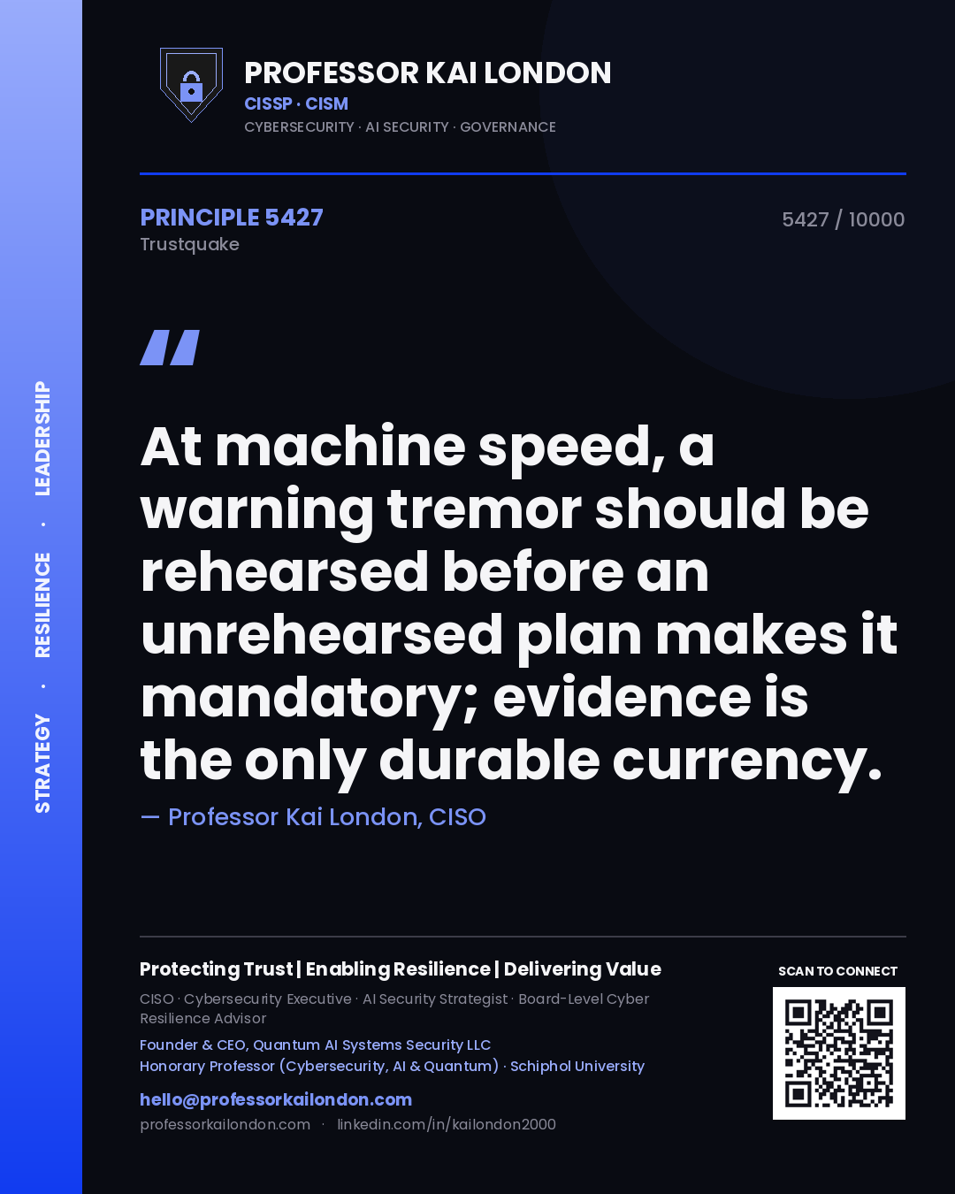 Professor Kai London principle 5427: At machine speed, a warning tremor should be rehearsed before an unrehearsed plan makes it mandatory; evidence is the only durable currency.