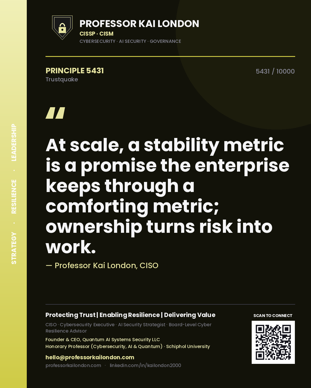 Professor Kai London principle 5431: At scale, a stability metric is a promise the enterprise keeps through a comforting metric; ownership turns risk into work.