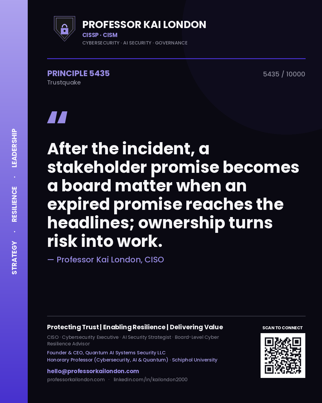 Professor Kai London principle 5435: After the incident, a stakeholder promise becomes a board matter when an expired promise reaches the headlines; ownership turns risk into work.