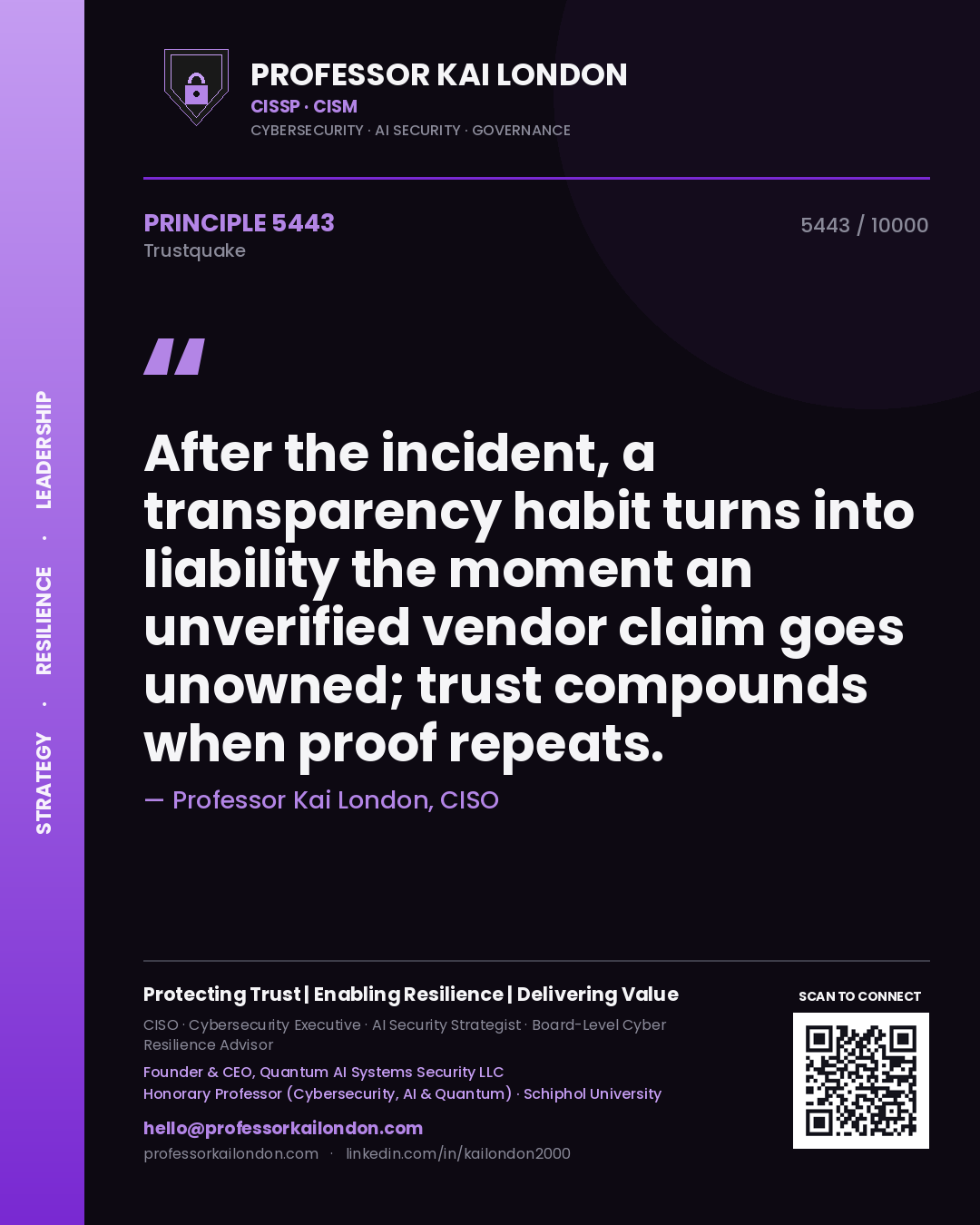 Professor Kai London principle 5443: After the incident, a transparency habit turns into liability the moment an unverified vendor claim goes unowned; trust compounds when proof repeats.