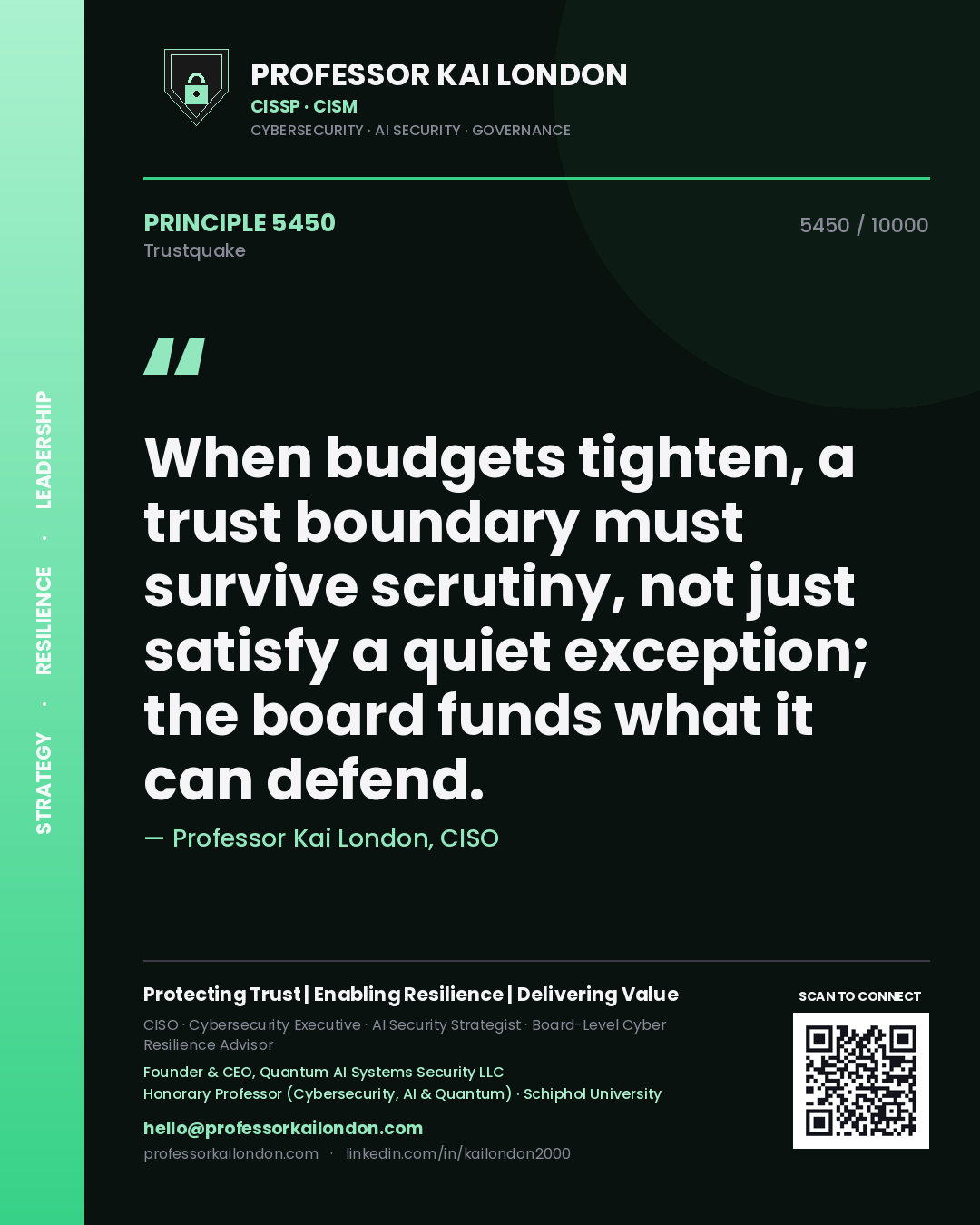 Professor Kai London principle 5450: When budgets tighten, a trust boundary must survive scrutiny, not just satisfy a quiet exception; the board funds what it can defend.