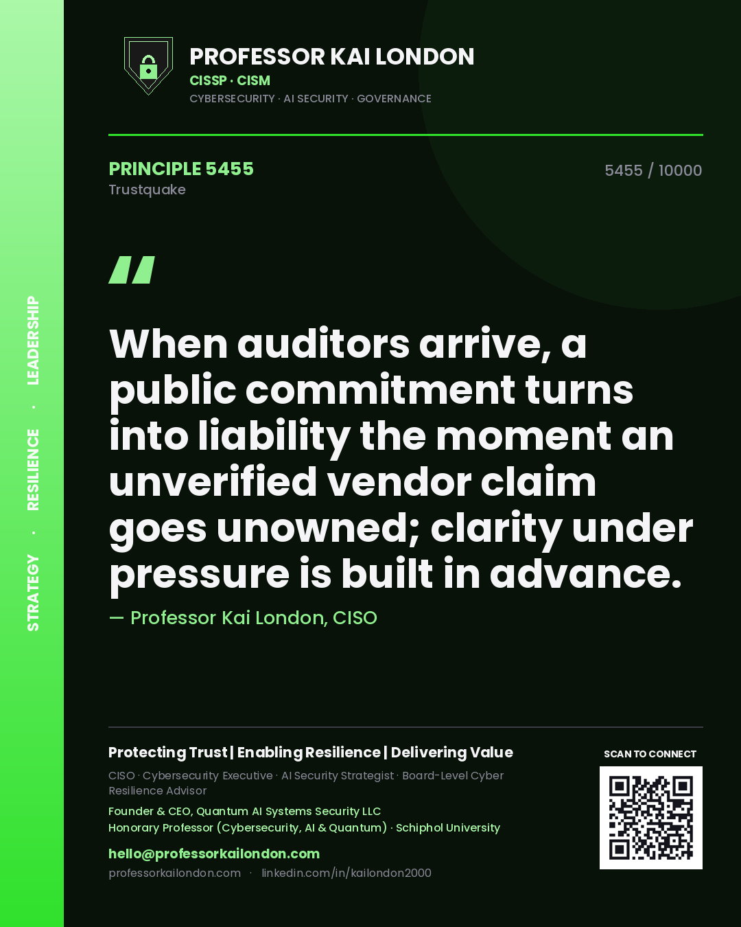 Professor Kai London principle 5455: When auditors arrive, a public commitment turns into liability the moment an unverified vendor claim goes unowned; clarity under pressure is built in advance.