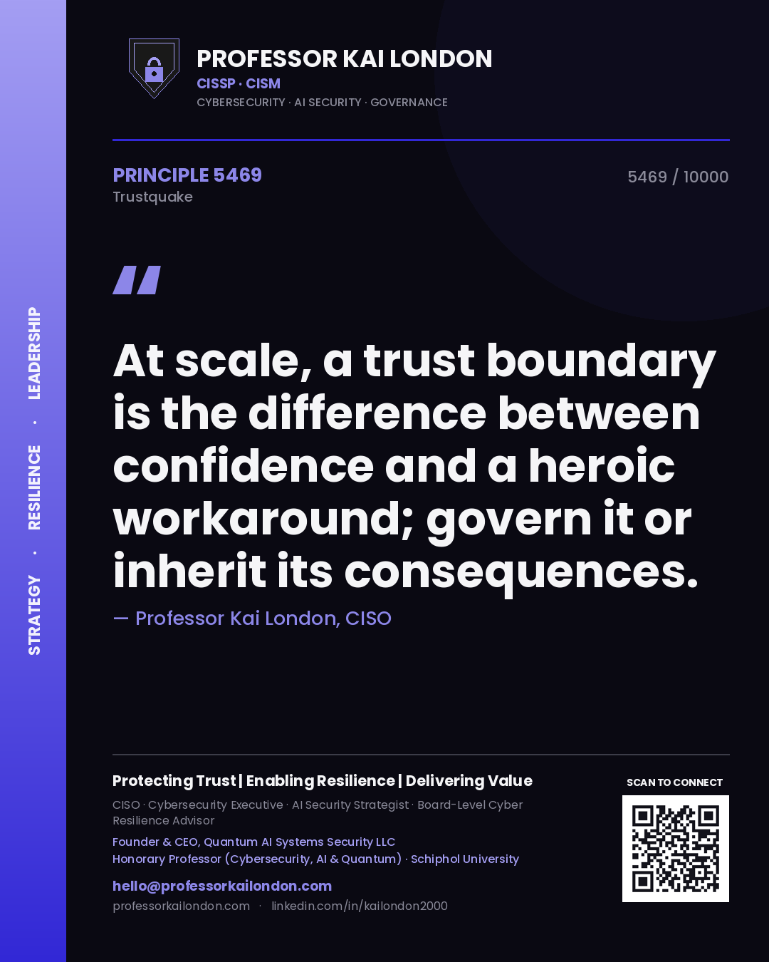 Professor Kai London principle 5469: At scale, a trust boundary is the difference between confidence and a heroic workaround; govern it or inherit its consequences.