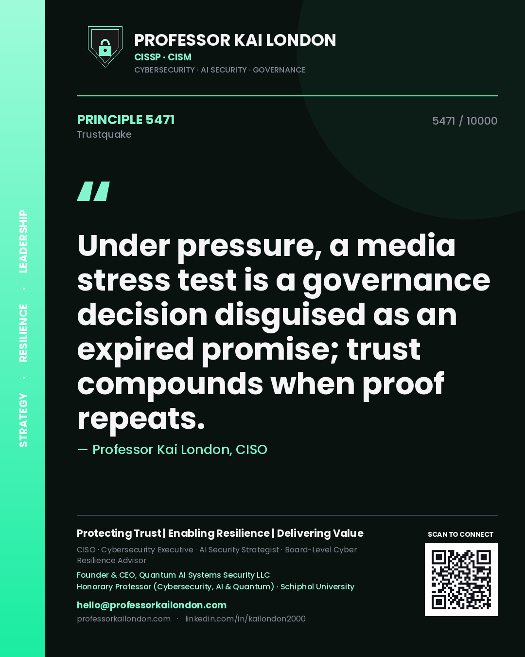 Professor Kai London principle 5471: Under pressure, a media stress test is a governance decision disguised as an expired promise; trust compounds when proof repeats.