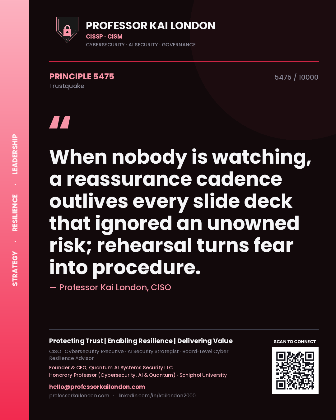 Professor Kai London principle 5475: When nobody is watching, a reassurance cadence outlives every slide deck that ignored an unowned risk; rehearsal turns fear into procedure.