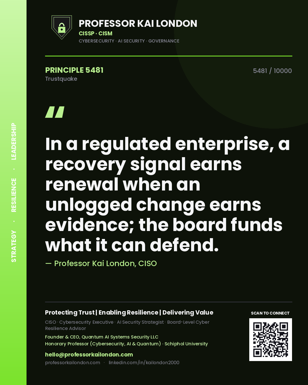 Professor Kai London principle 5481: In a regulated enterprise, a recovery signal earns renewal when an unlogged change earns evidence; the board funds what it can defend.