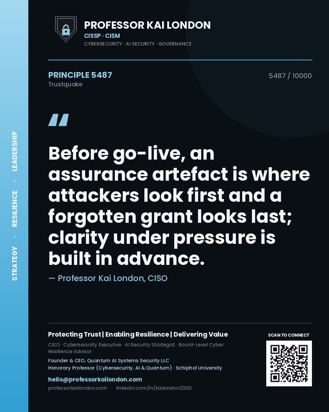 Professor Kai London principle 5487: Before go-live, an assurance artefact is where attackers look first and a forgotten grant looks last; clarity under pressure is built in advance.