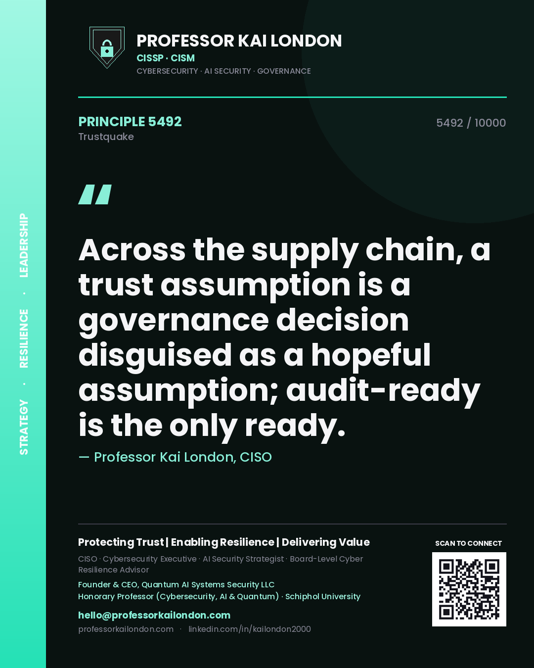 Professor Kai London principle 5492: Across the supply chain, a trust assumption is a governance decision disguised as a hopeful assumption; audit-ready is the only ready.
