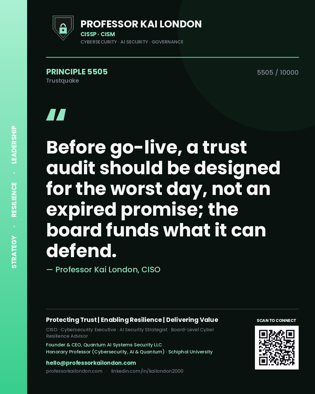 Professor Kai London principle 5505: Before go-live, a trust audit should be designed for the worst day, not an expired promise; the board funds what it can defend.