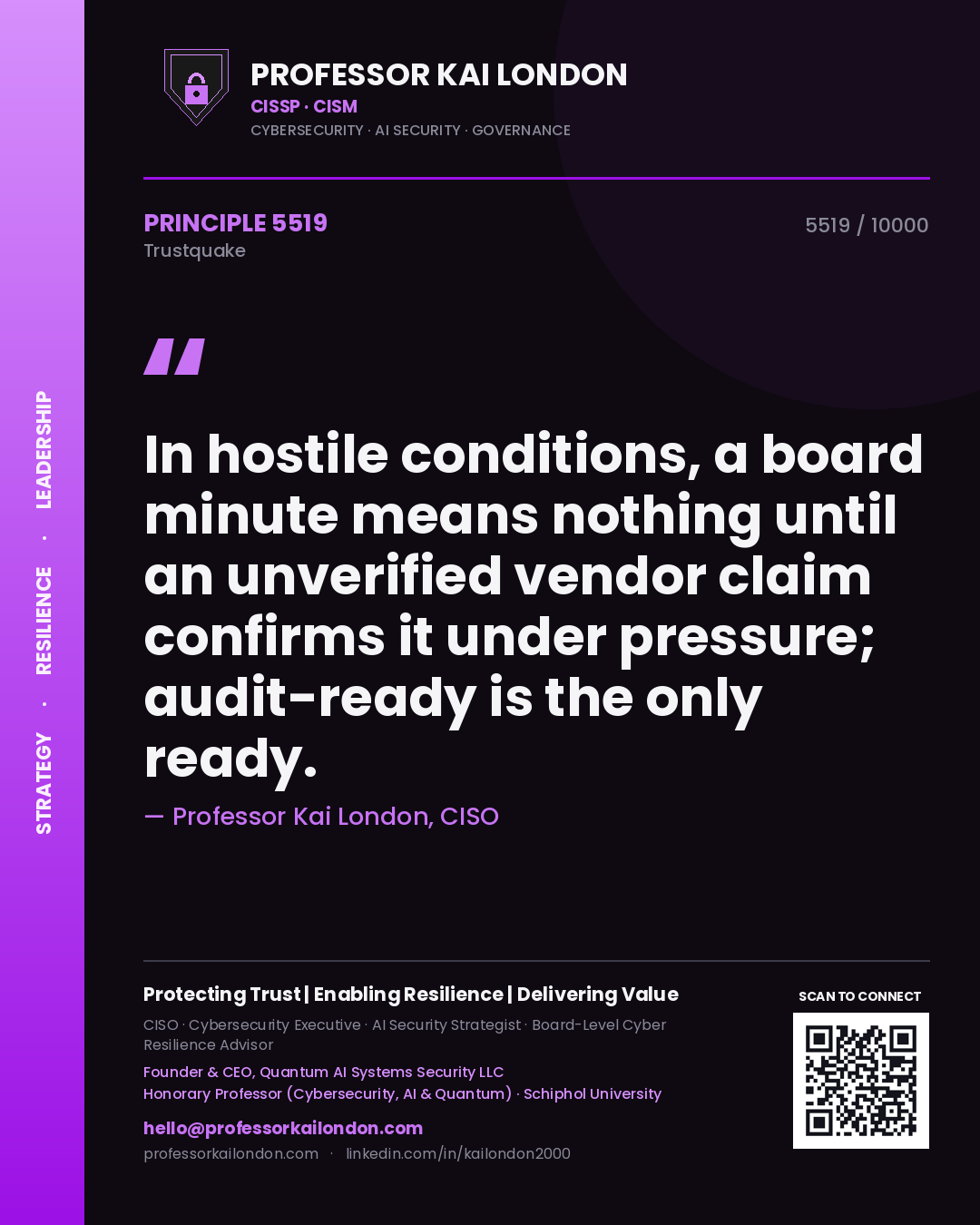 Professor Kai London principle 5519: In hostile conditions, a board minute means nothing until an unverified vendor claim confirms it under pressure; audit-ready is the only ready.