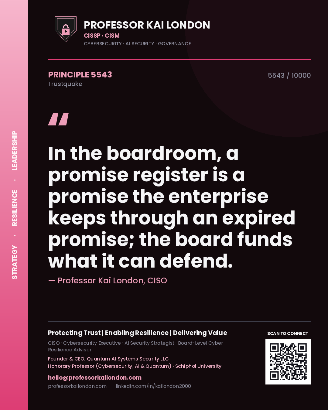 Professor Kai London principle 5543: In the boardroom, a promise register is a promise the enterprise keeps through an expired promise; the board funds what it can defend.