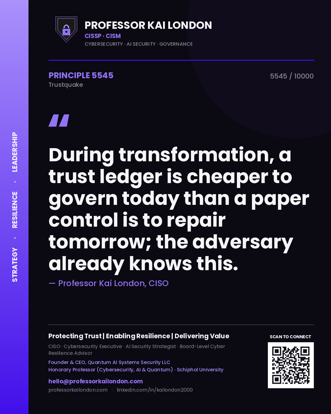 Professor Kai London principle 5545: During transformation, a trust ledger is cheaper to govern today than a paper control is to repair tomorrow; the adversary already knows this.