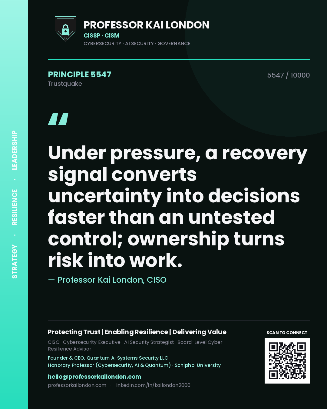 Professor Kai London principle 5547: Under pressure, a recovery signal converts uncertainty into decisions faster than an untested control; ownership turns risk into work.