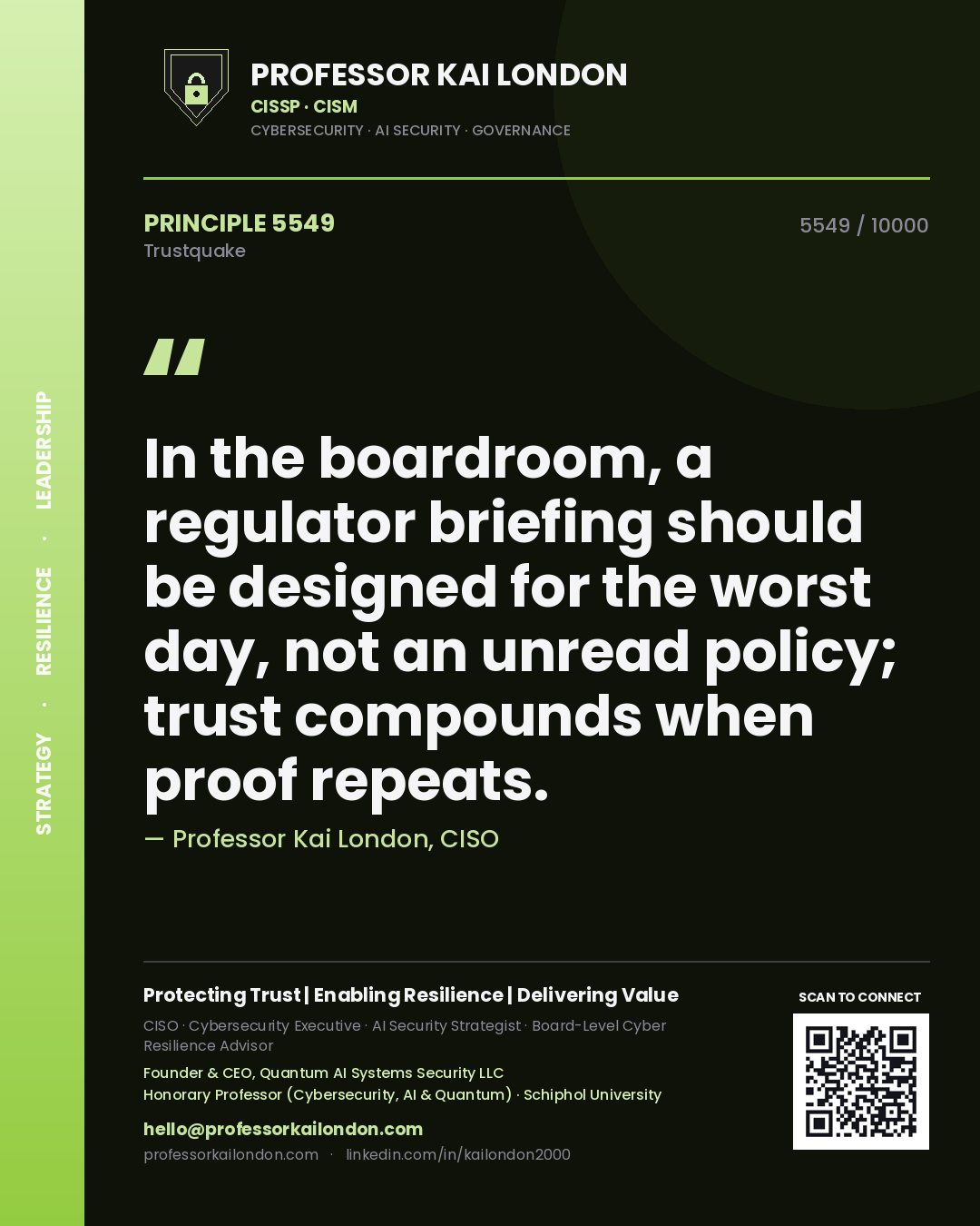 Professor Kai London principle 5549: In the boardroom, a regulator briefing should be designed for the worst day, not an unread policy; trust compounds when proof repeats.