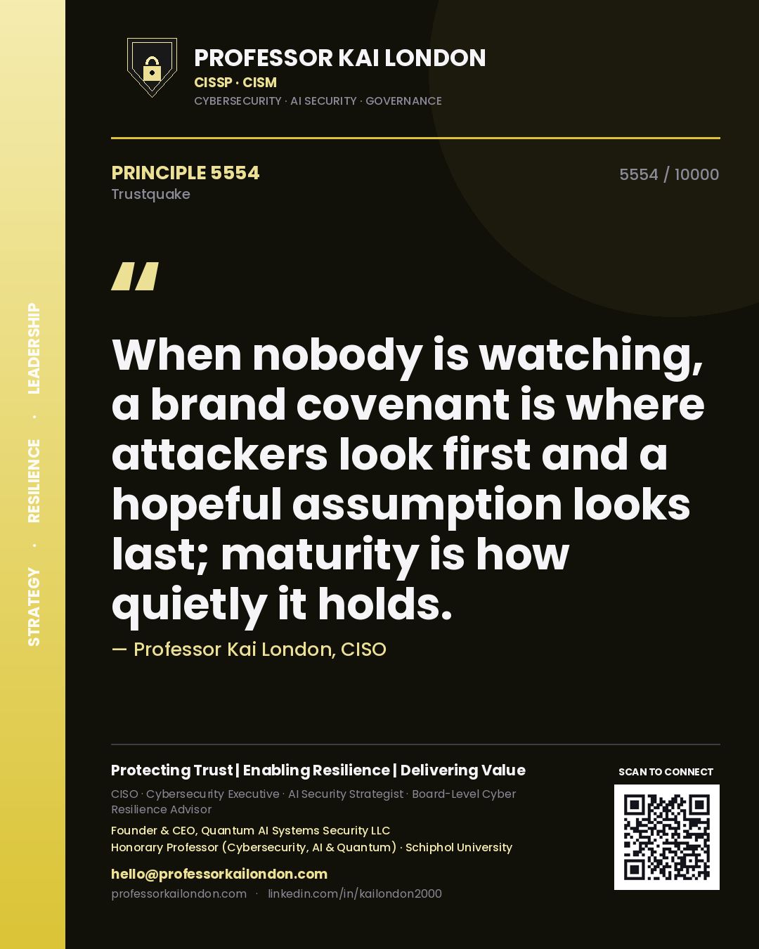 Professor Kai London principle 5554: When nobody is watching, a brand covenant is where attackers look first and a hopeful assumption looks last; maturity is how quietly it holds.