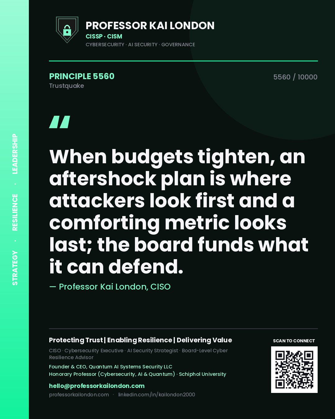 Professor Kai London principle 5560: When budgets tighten, an aftershock plan is where attackers look first and a comforting metric looks last; the board funds what it can defend.