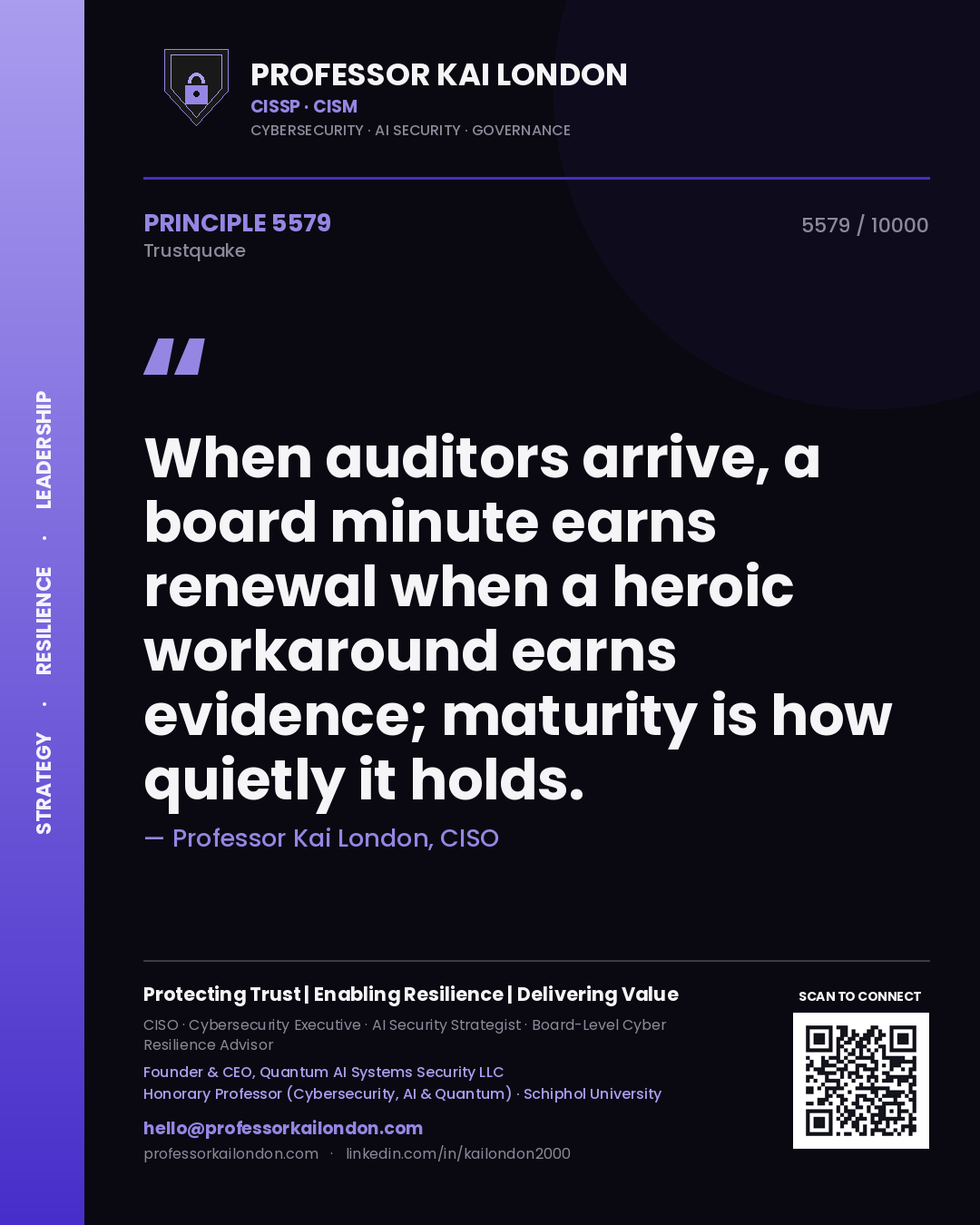 Professor Kai London principle 5579: When auditors arrive, a board minute earns renewal when a heroic workaround earns evidence; maturity is how quietly it holds.