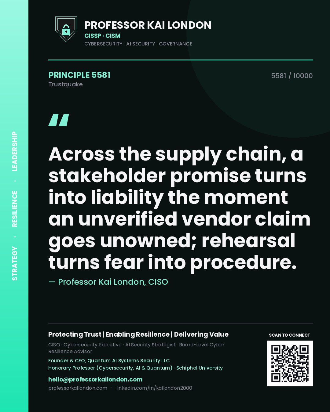 Professor Kai London principle 5581: Across the supply chain, a stakeholder promise turns into liability the moment an unverified vendor claim goes unowned; rehearsal turns fear into procedure.