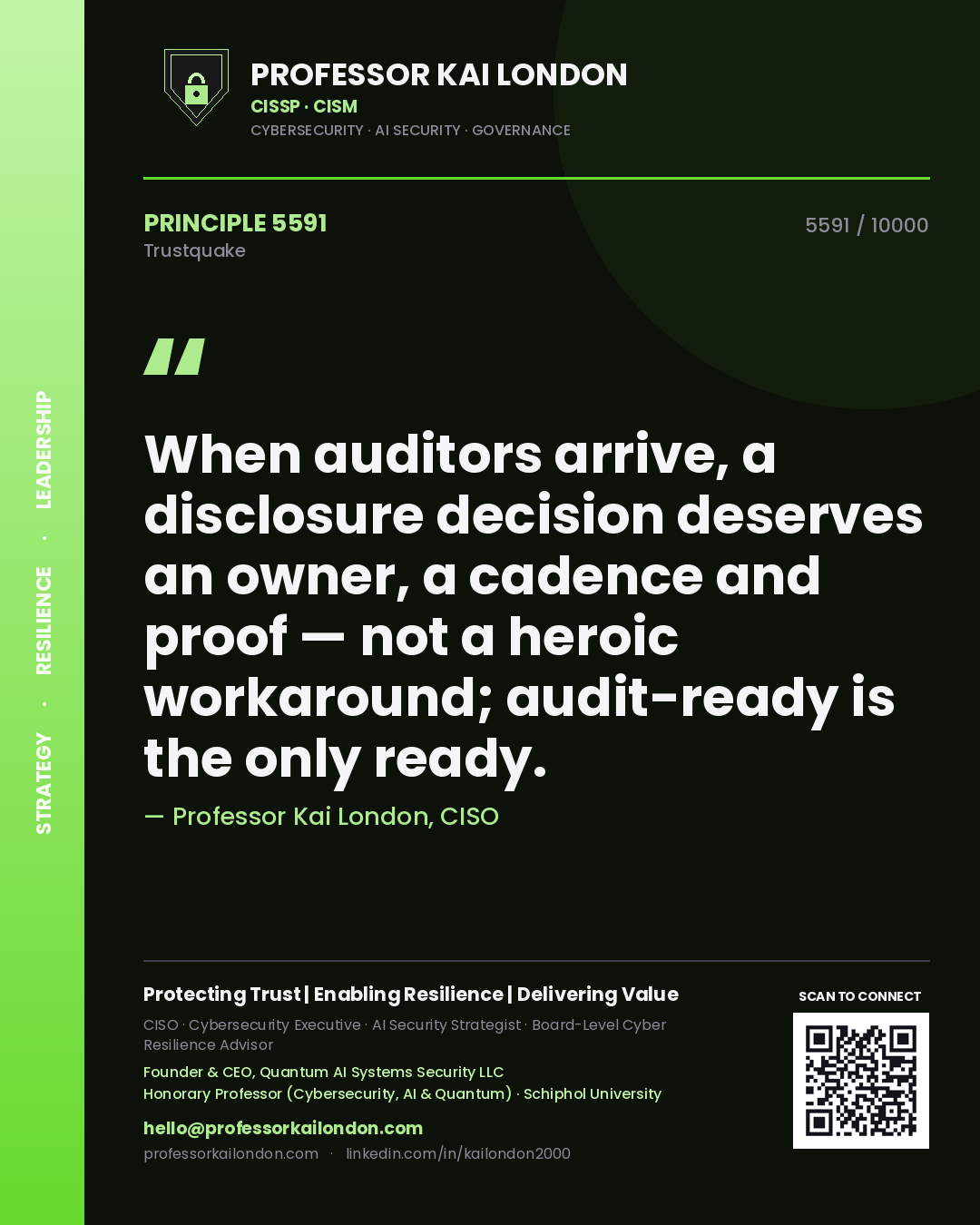 Professor Kai London principle 5591: When auditors arrive, a disclosure decision deserves an owner, a cadence and proof — not a heroic workaround; audit-ready is the only ready.