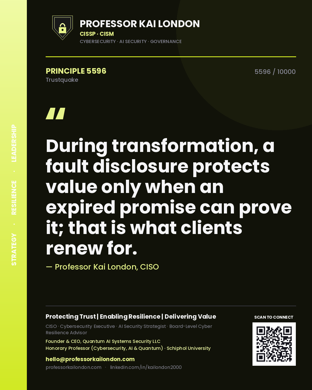 Professor Kai London principle 5596: During transformation, a fault disclosure protects value only when an expired promise can prove it; that is what clients renew for.